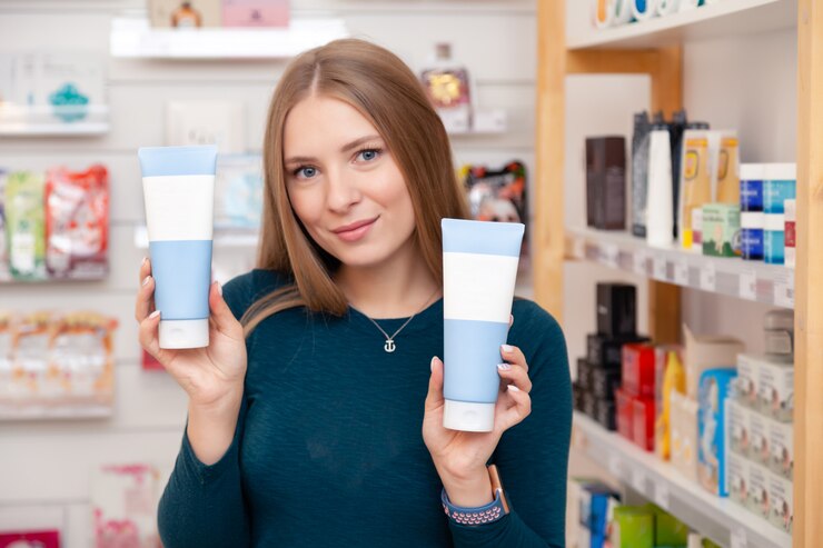 Woman holding acne cream tubes inside Indian pharmacy's skincare section