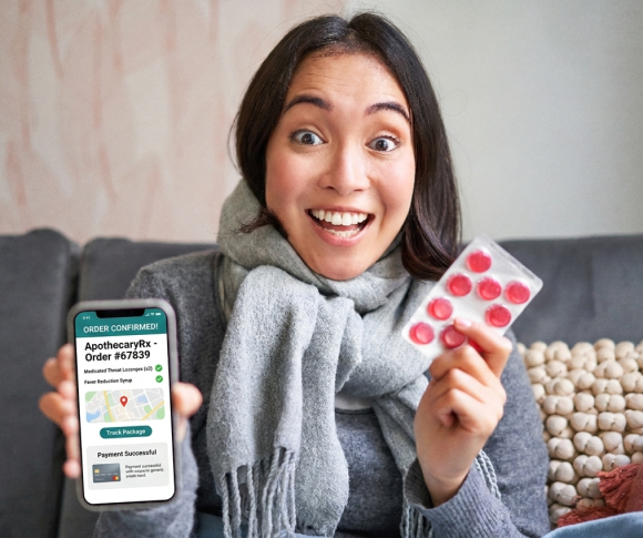Woman ordering medicines from an online pharmacy using a mobile app with doorstep medicine delivery service
