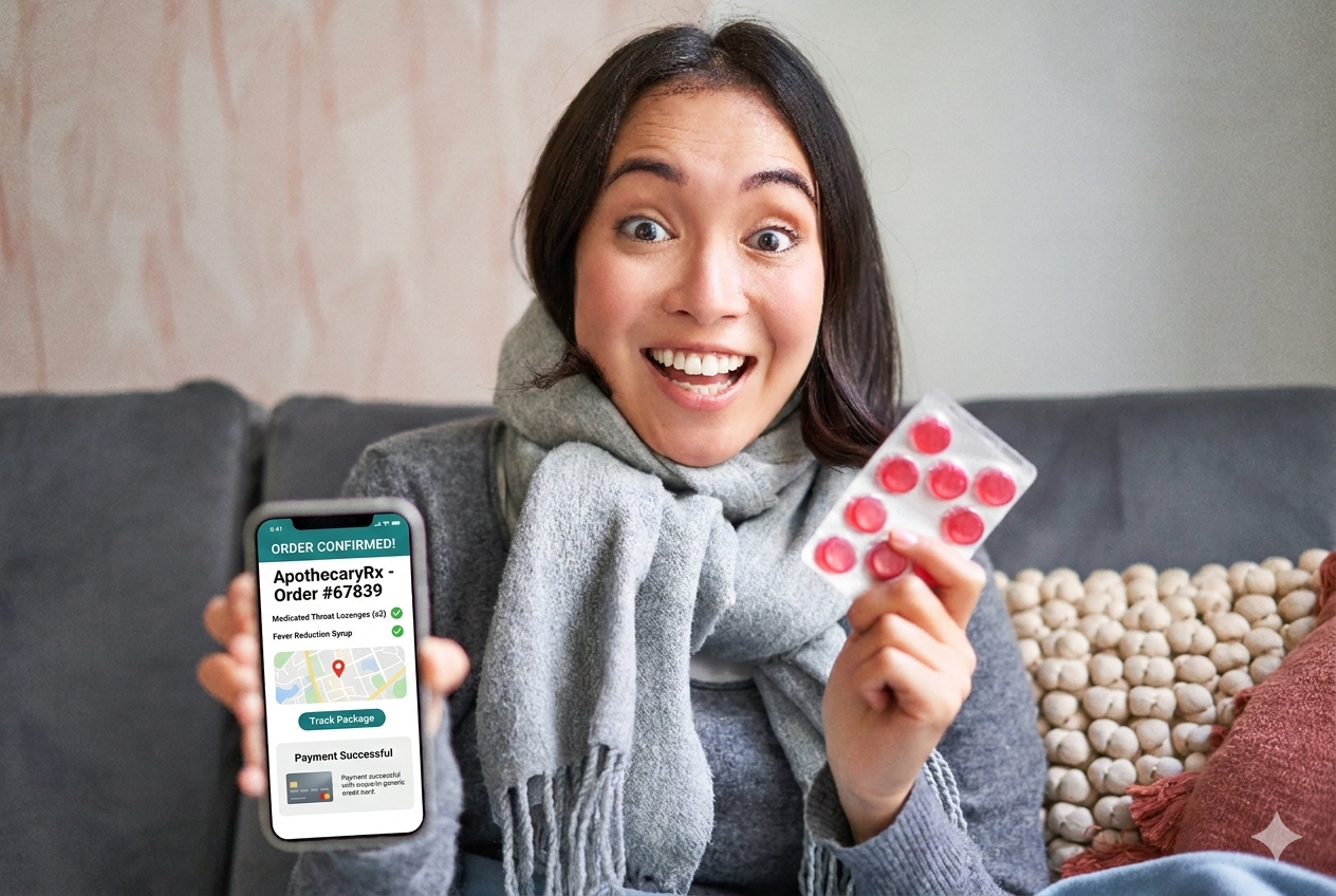 Woman ordering medicines from an online pharmacy using a mobile app with doorstep medicine delivery service